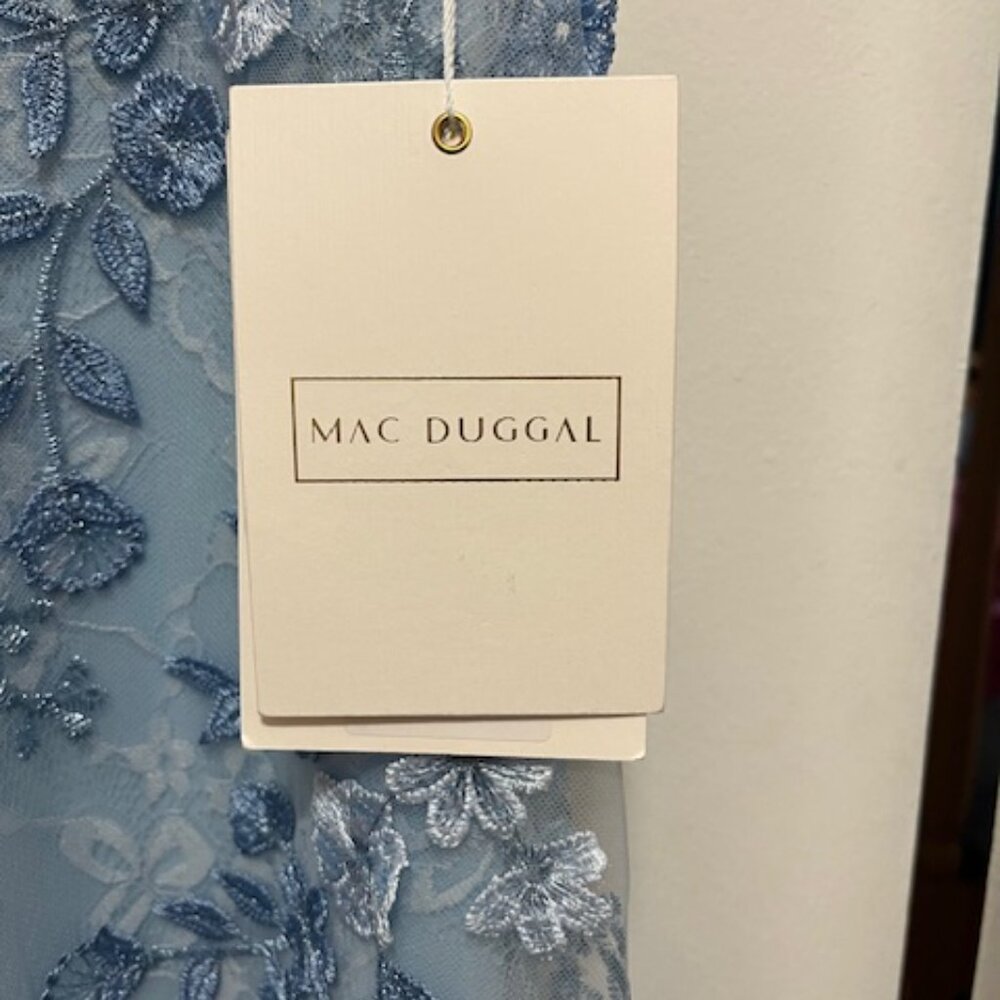 NWT Mac Duggal Size 6 Blue Embroidered Applique Wrap Over Flutter Sleeve Gown - Picture 4 of 6